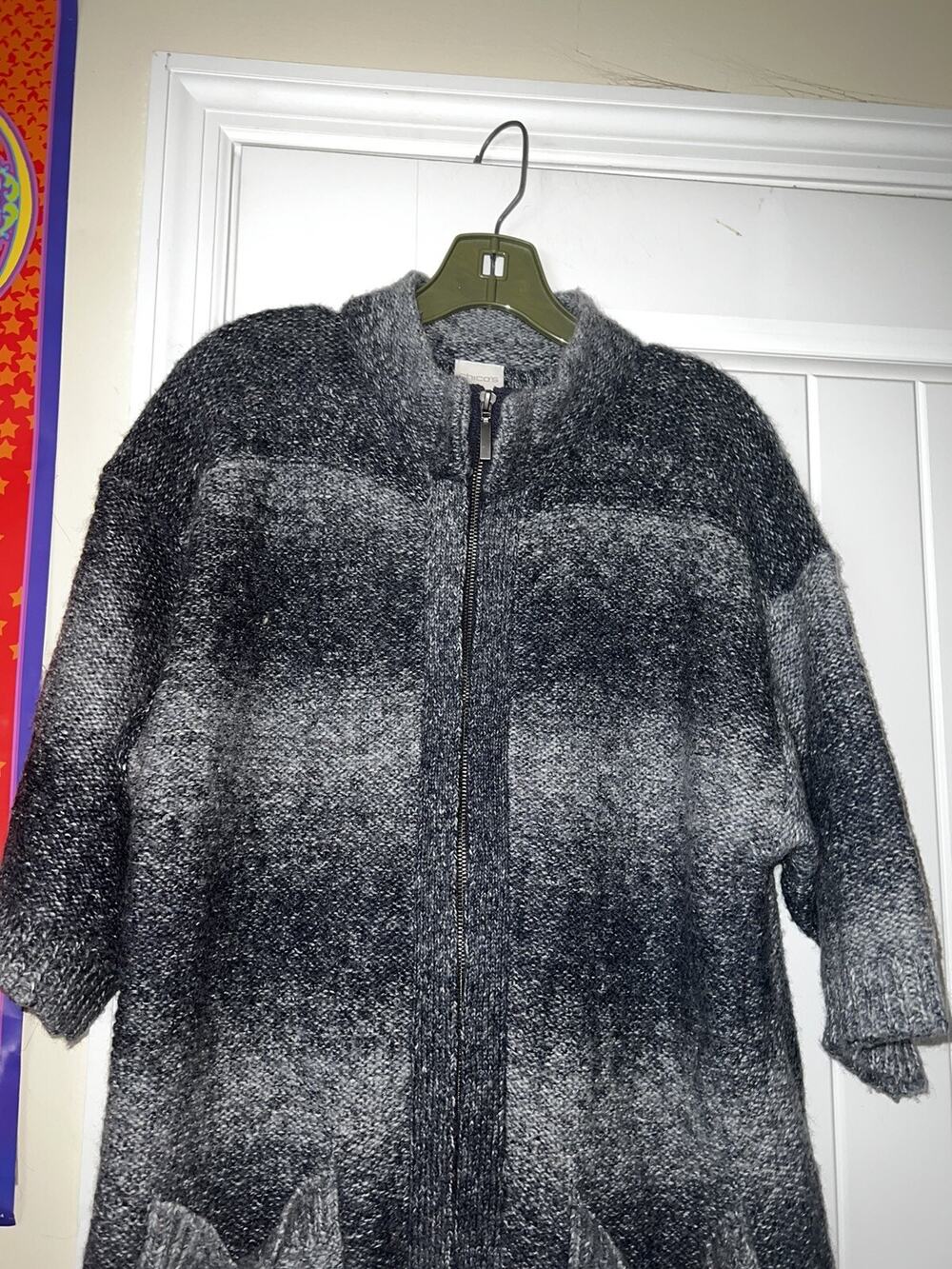 Chico’s Wool Blend Full Zip Marled Fuzzy Elbow Sleeve Blue Jacket Cardigan sz 2